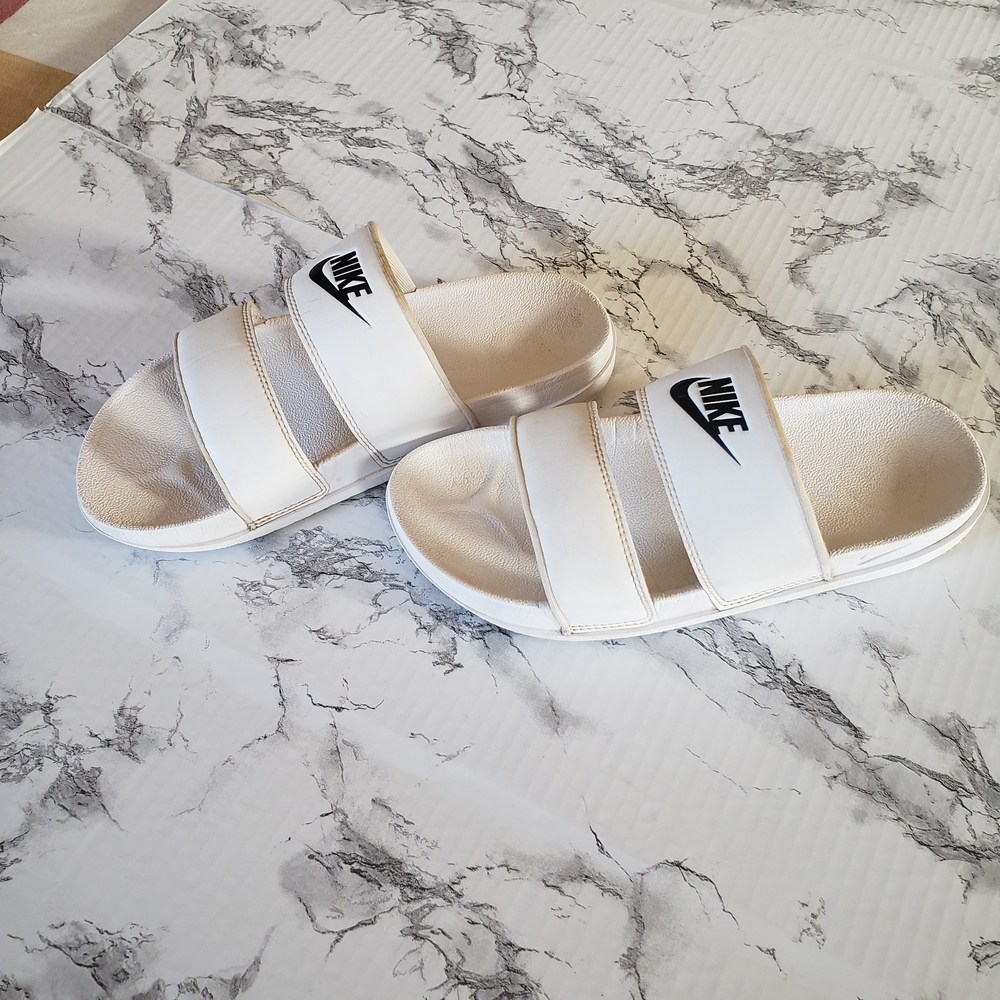 Nike White Dual-Strap Slide Sandals‎ with Black Swoosh
